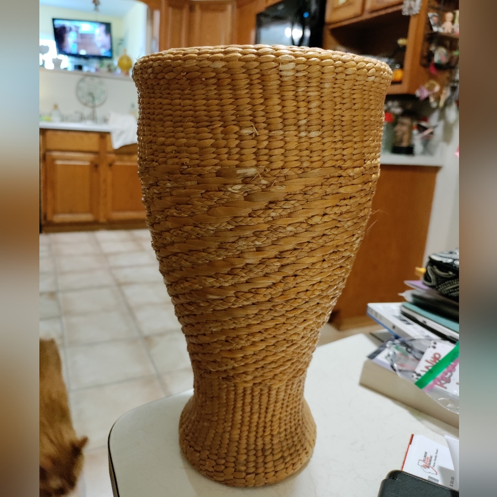 Vintage rattan wrapped terra cotta vase